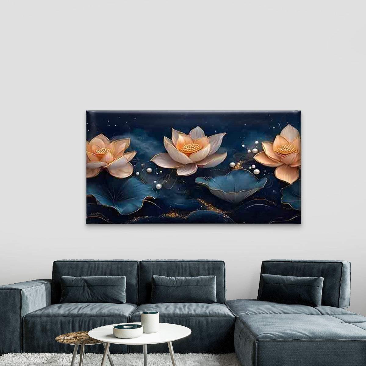 Golden Lotus with Blue Leaves Wall Art Canvas Office Home Room Framed 120x60cm