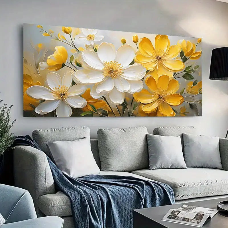 Yellow White Floral Art wall canvas office home room framed 120x60cm - Bella Home Decor