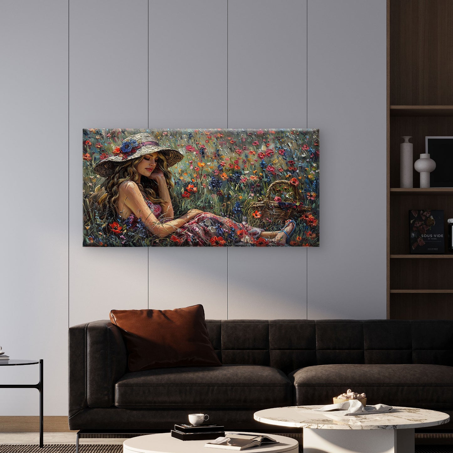Woman Hat Poppy Field Wall Art Canvas Office Home Room Framed 120x60cm