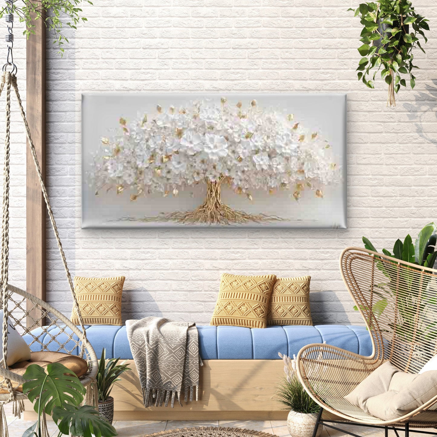 Golden Tree of White Flowers Wall Art Canvas Office Home Room Framed 120x60cm