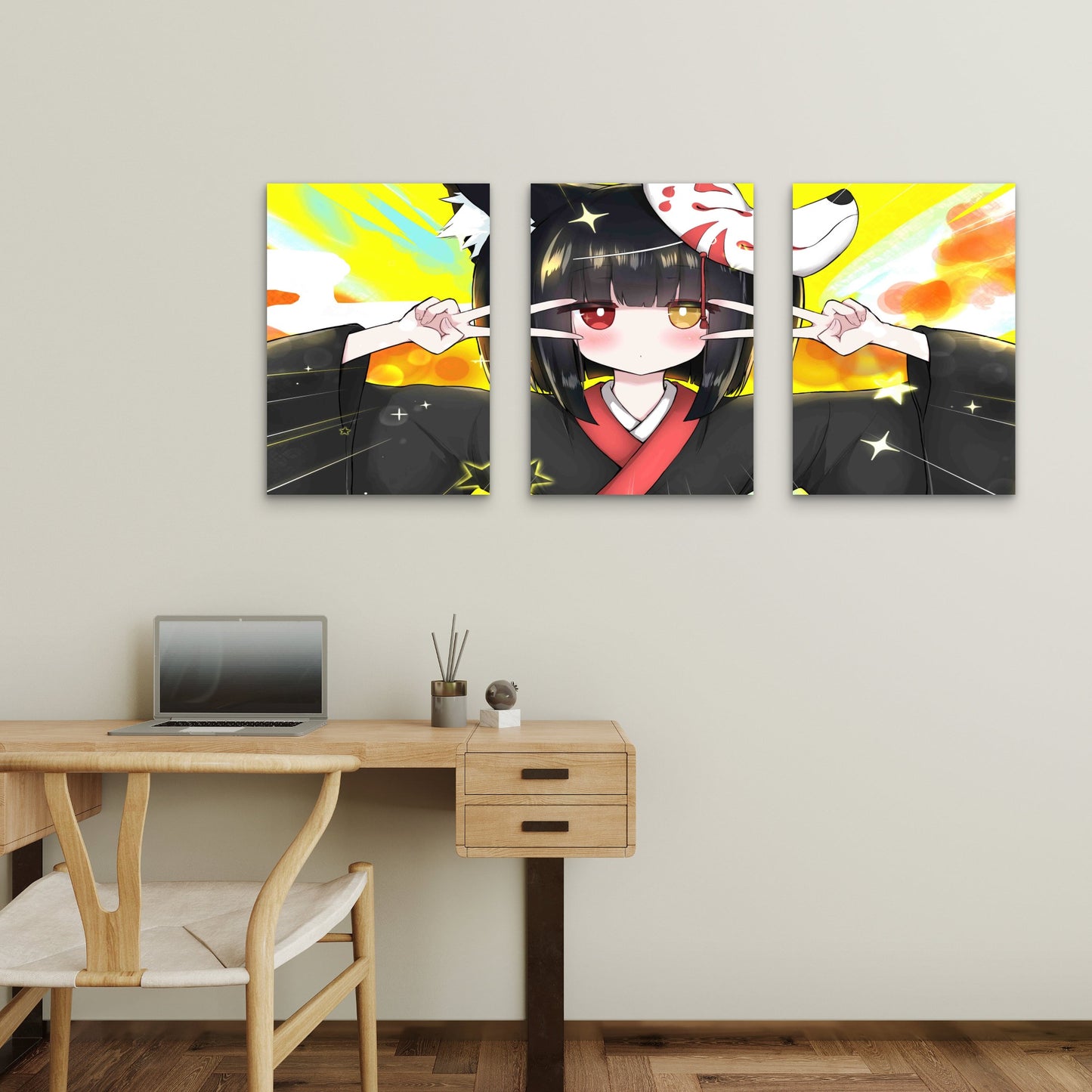 3pcs Fox Mask Kimono Japanese Aesthetic Metal Print Ready to Hang Art