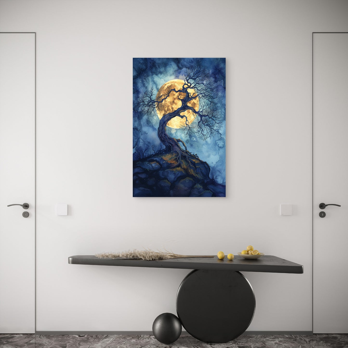 Gnarled Tree Full Moon Night Sky Blue Yellow Watercolor Fantasy Art 40x60cm Metal Print Ready to Hang