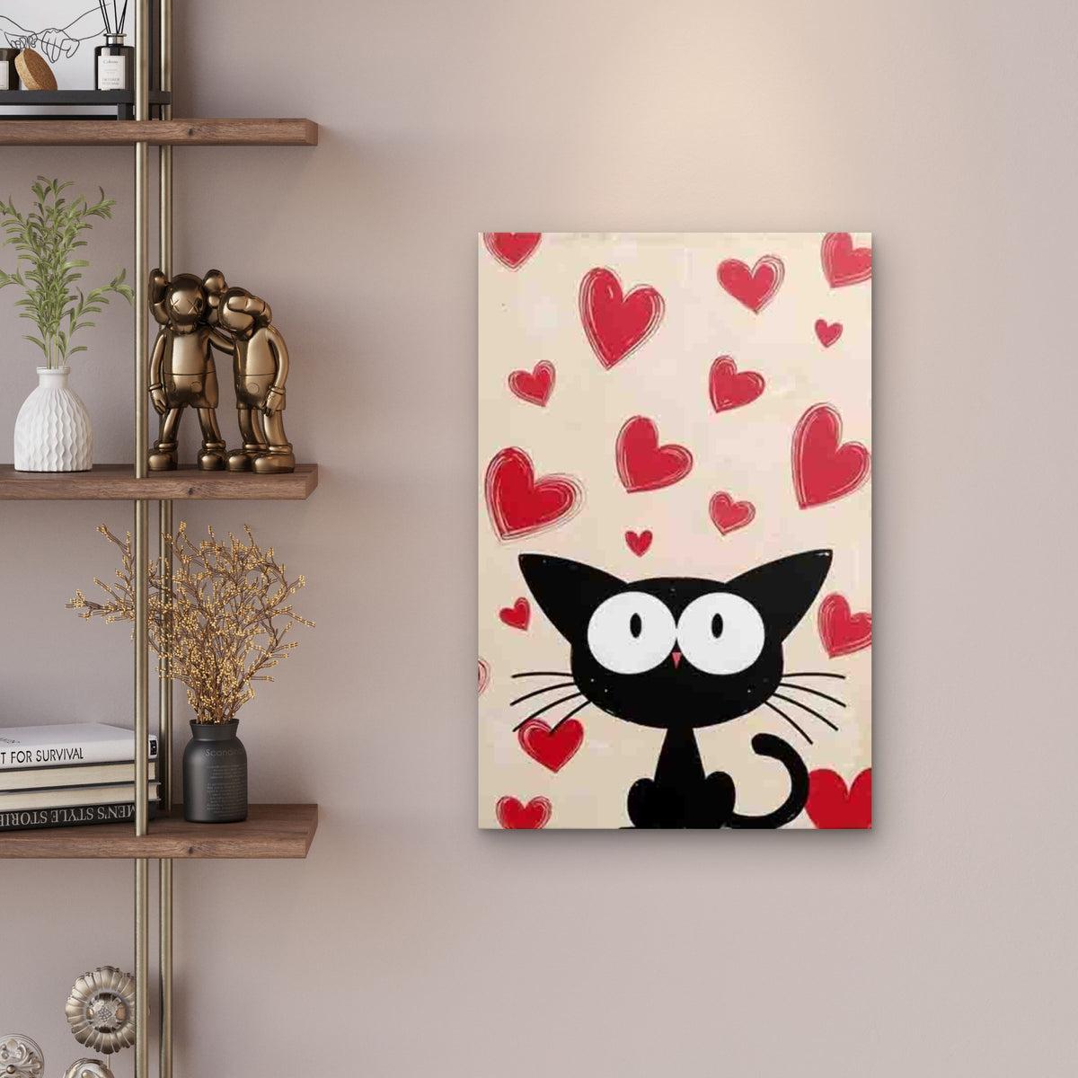 Black Cat and Hearts Theme Metal Print Ready to Hang