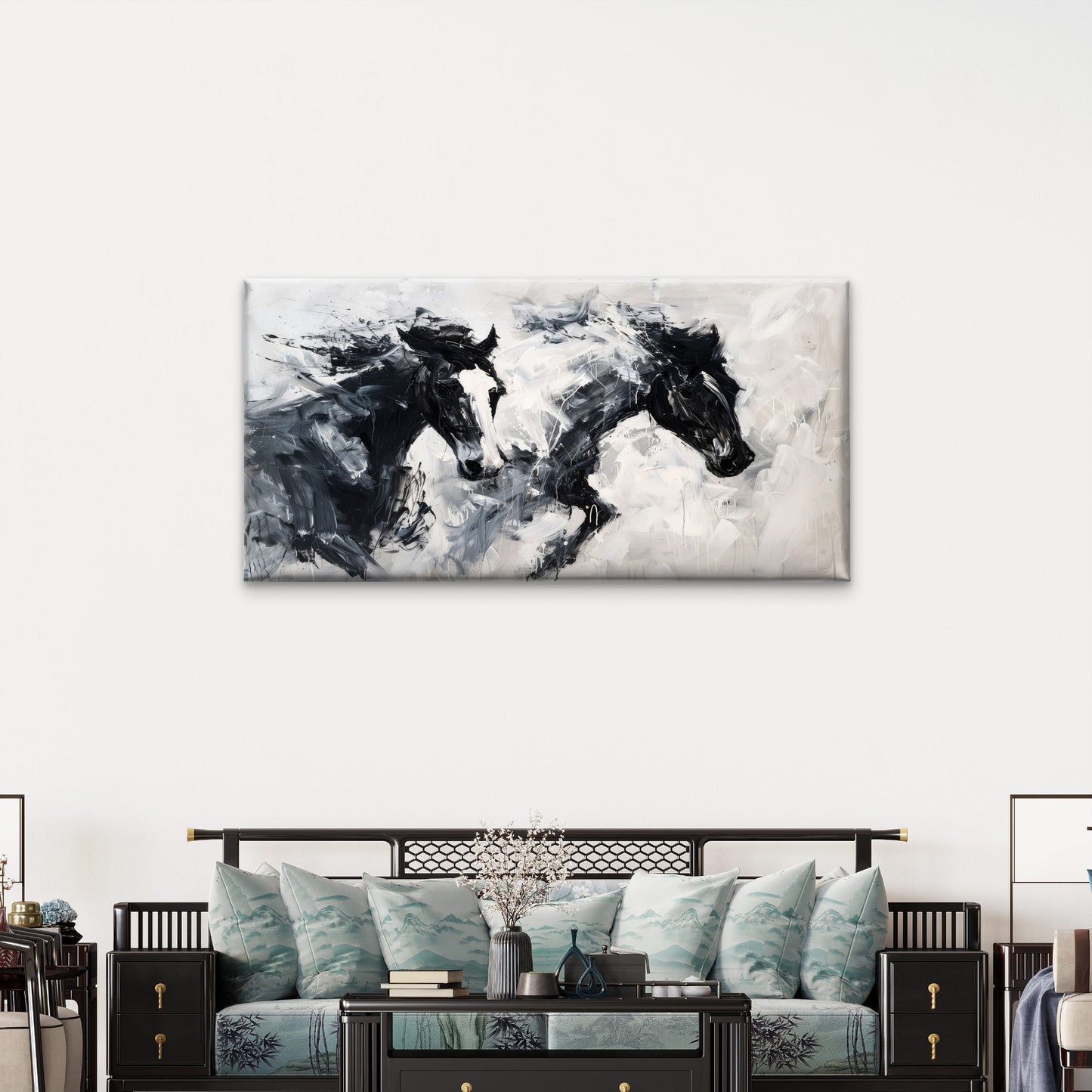 Abstract Black White Horses Wall Art Canvas Office Home Room Framed 120x60cm