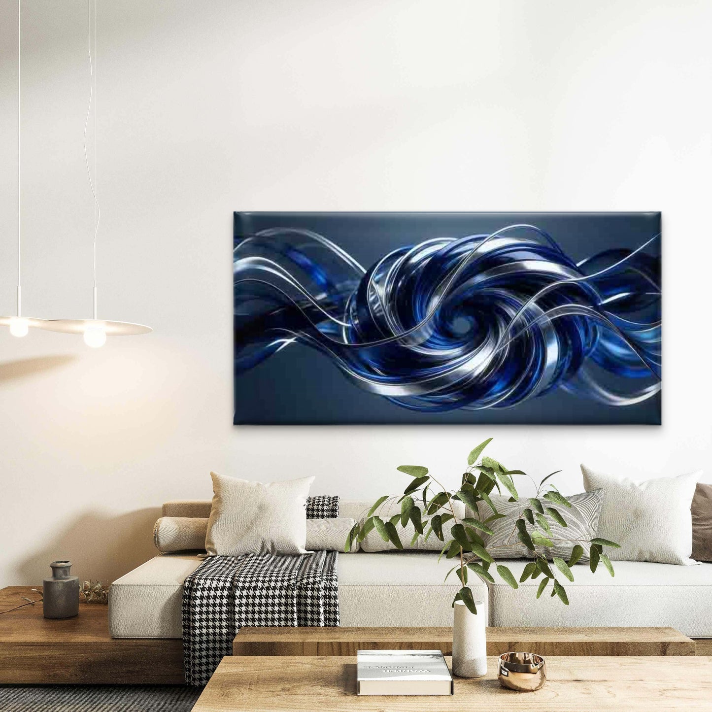 Abstract Blue And Silver Wall Art Canvas Office Home Room Framed 120x60cm