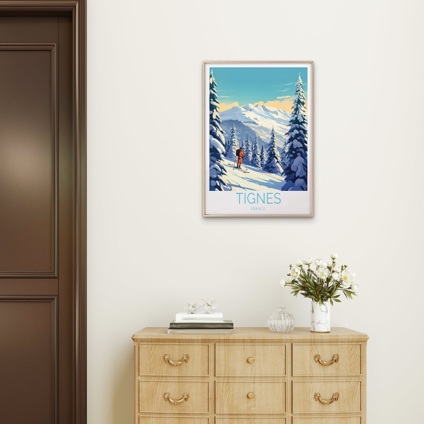 Tignes France, Man Skiing and Pine Trees Travel Poster Print Wall Art - Bella Home Decor
