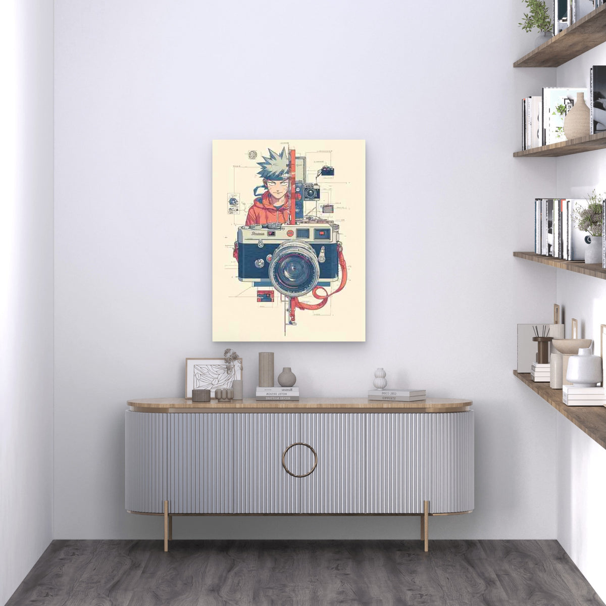 Retro Photography Decor with Red Camera Diagrams Metal Print Ready to Hang