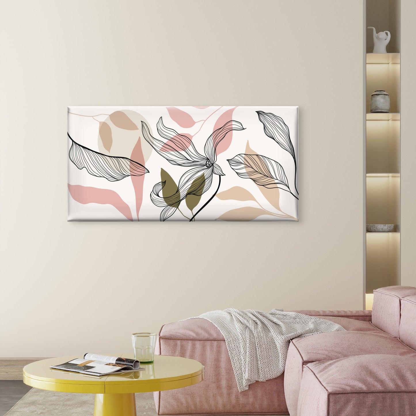 Blush Pink Botanical Leaf Line Wall Art Canvas Office Home Room Framed 120x60cm