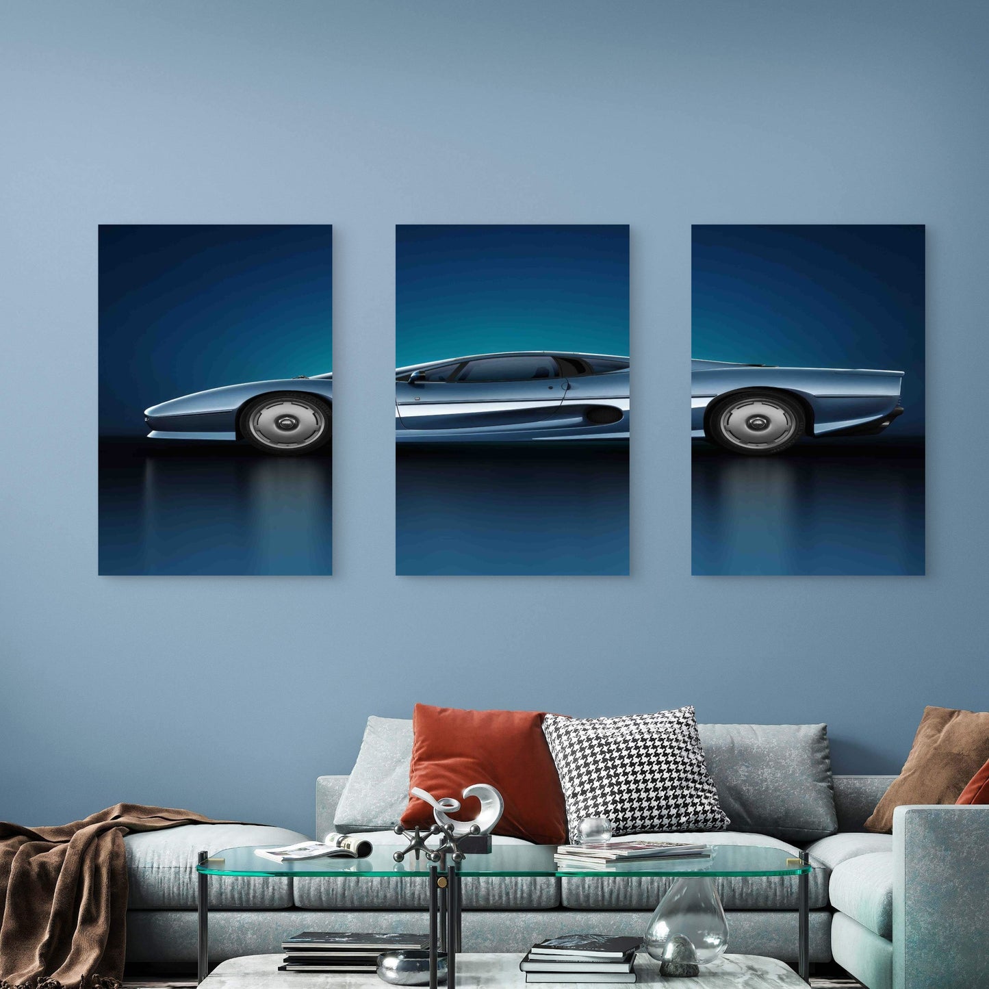 3pcs Sleek Metallic Silver Classic Supercar Metal Print Ready to Hang Art