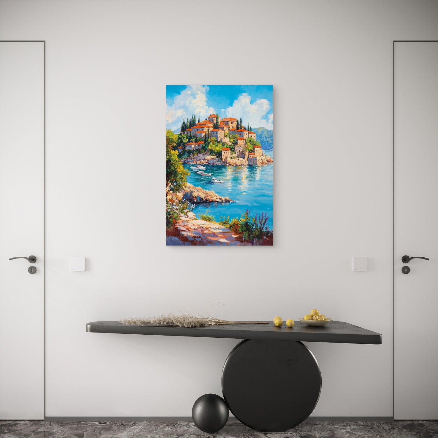 Abstract European Island Harbor Scenery 40x60cm Metal Print Ready to Hang