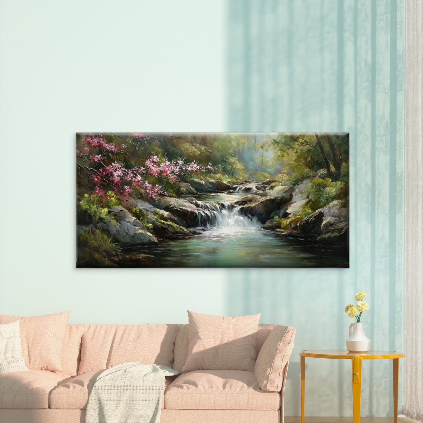 Waterfall & Pink Cherry Blossom Wall Art Canvas Office Home Room Framed 120x60cm