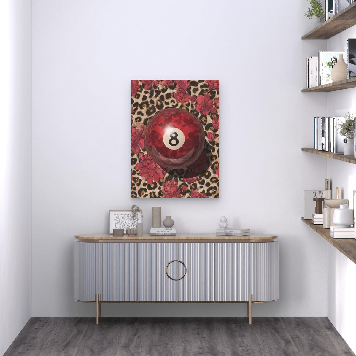 Featuring a Lucky 8 Ball with a Red Leopard Print Metal Print Ready to Hang