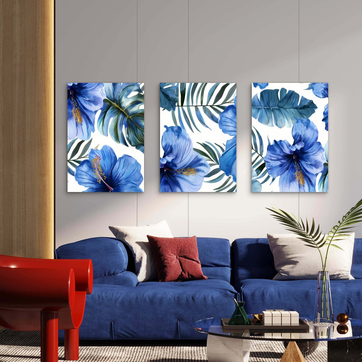 3pcs Blue Hibiscus Tropical Palm Leaf Decor Wall Art Set Canvas Framed 50x70cm - High Quality Print 100% Australian Made Wall Canvas Ready to Hang
