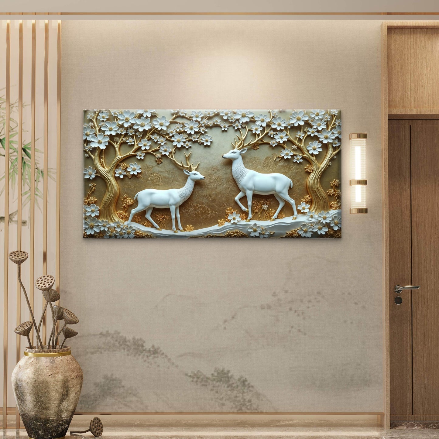 White Deer Gold Blossom Wall Art Canvas Office Home Room Framed 120x60cm