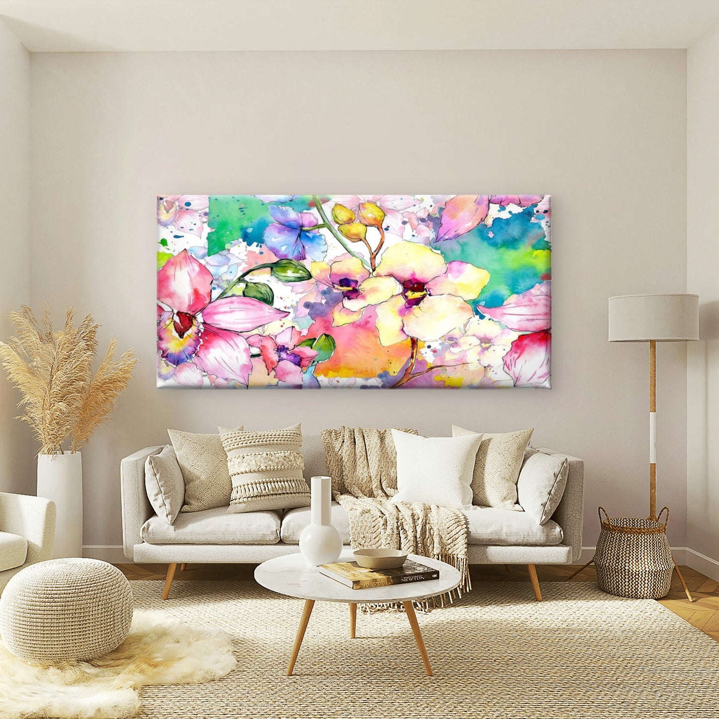 Colorful Watercolor Floral Paint Wall Art Canva Office Home Room Framed 120x60cm
