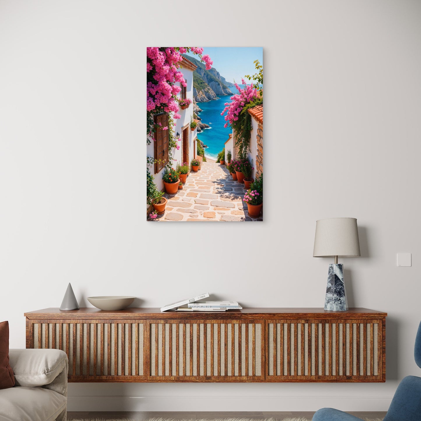Mediterranean Coastal Alley Bougainvillea 40x60cm Metal Print Ready to Hang