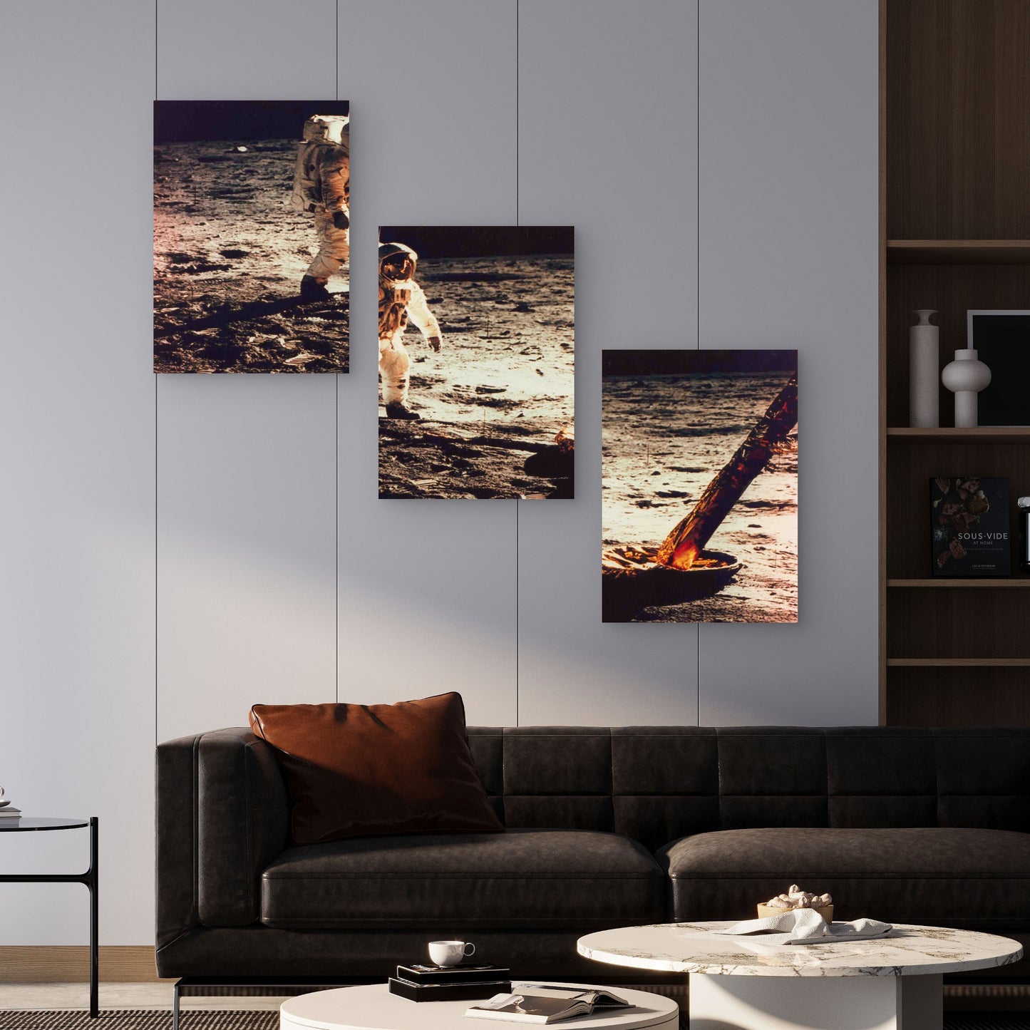 3pcs Astronaut Walking Near The Lunar Module Metal Print Ready to Hang Art