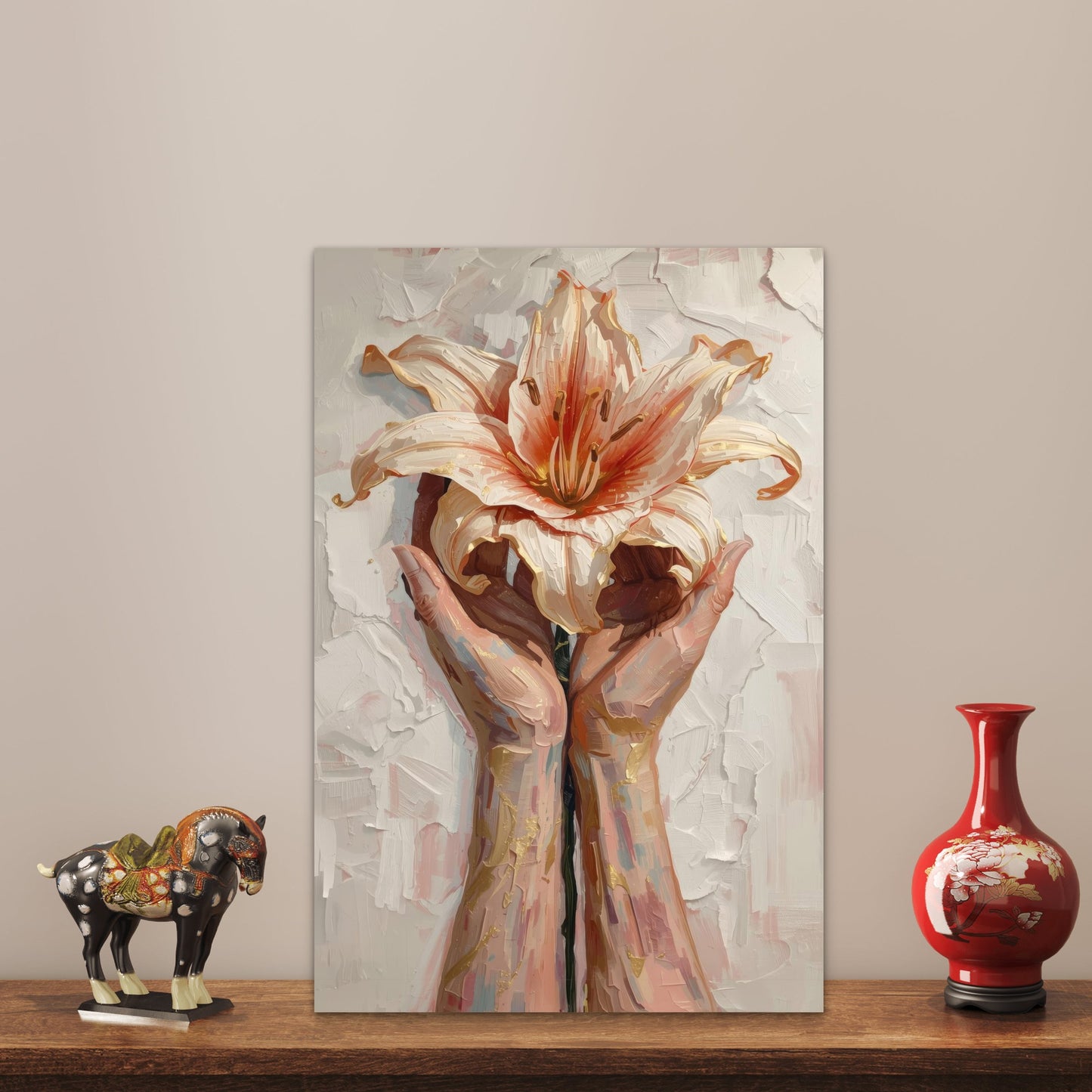 Modern Heavy Impasto Holding Flower Bloom 40x60cm Metal Print Ready to Hang