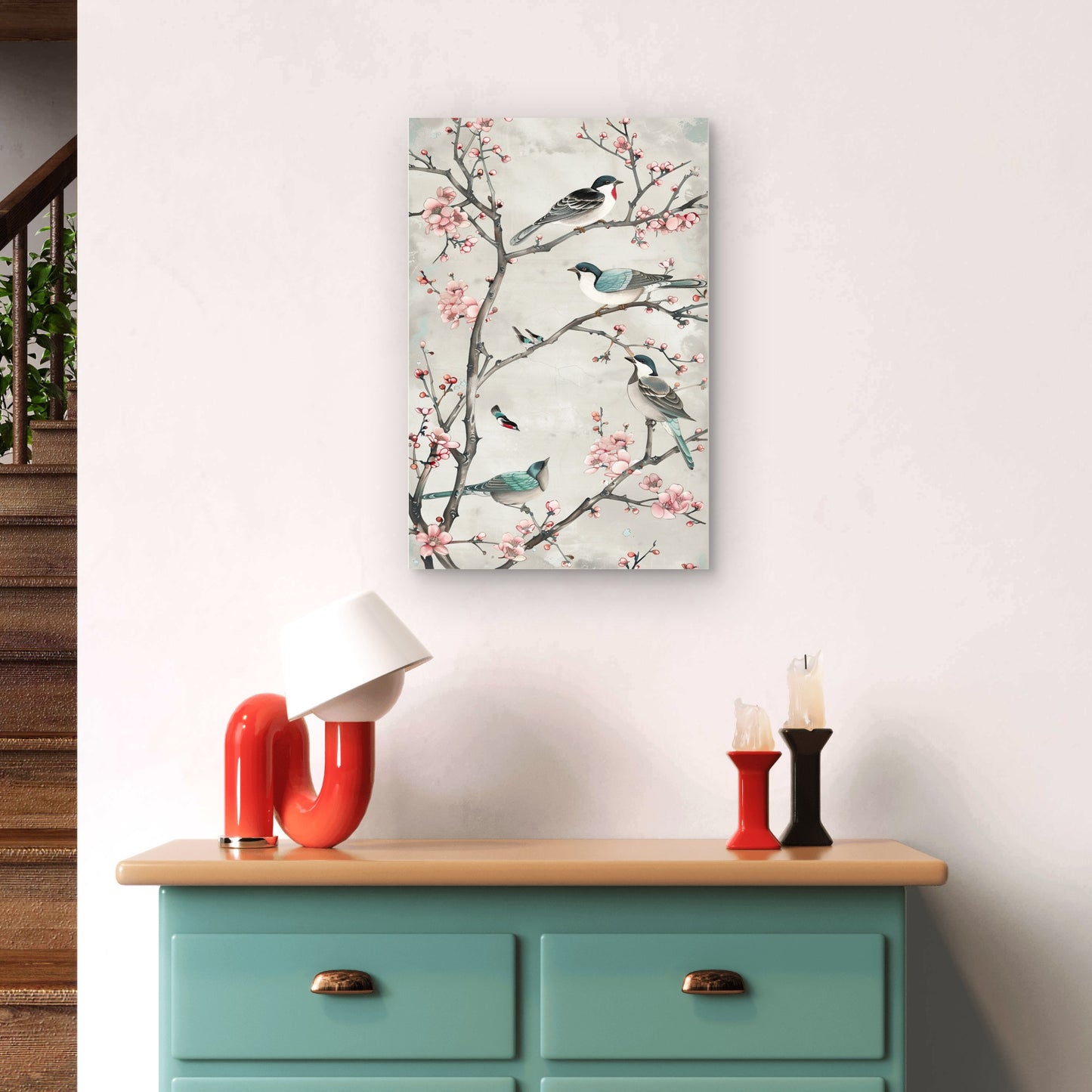 Pink Cherry Blossom Bird Shabby Chic 40x60cm Metal Print Ready to Hang
