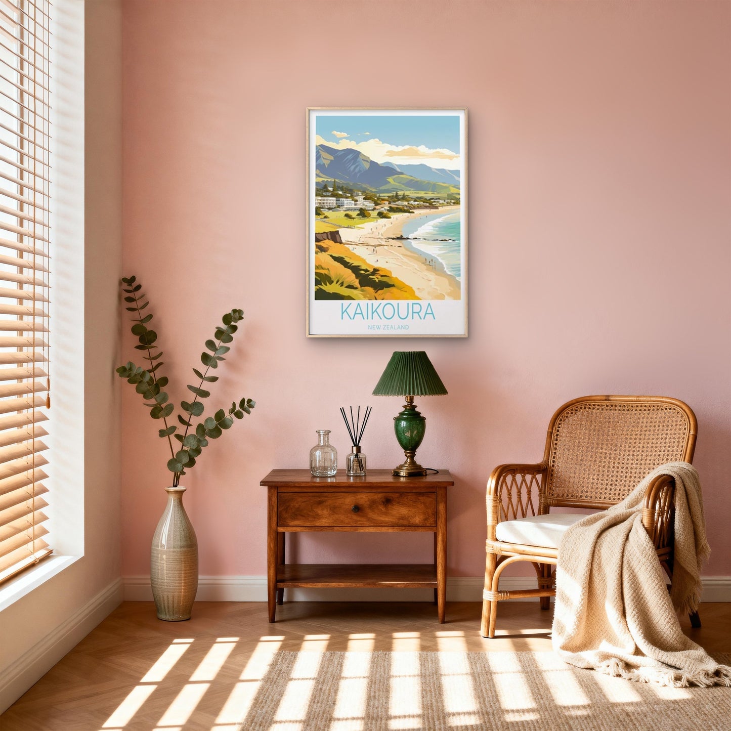 Kaikoura New Zealand, Beach & Mountains Travel Poster Print Wall Art