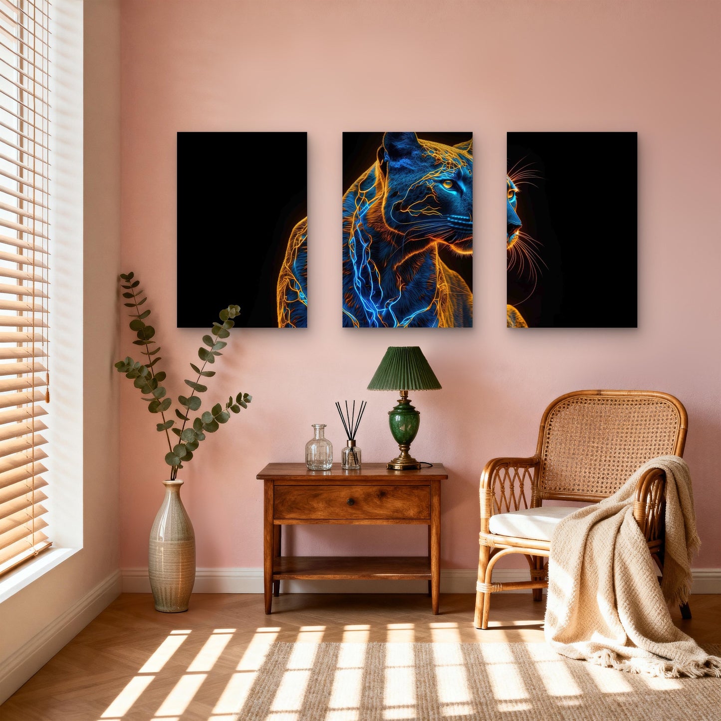 3pcs Neon Electric Lightning Cougar Panther Metal Print Ready to Hang Art