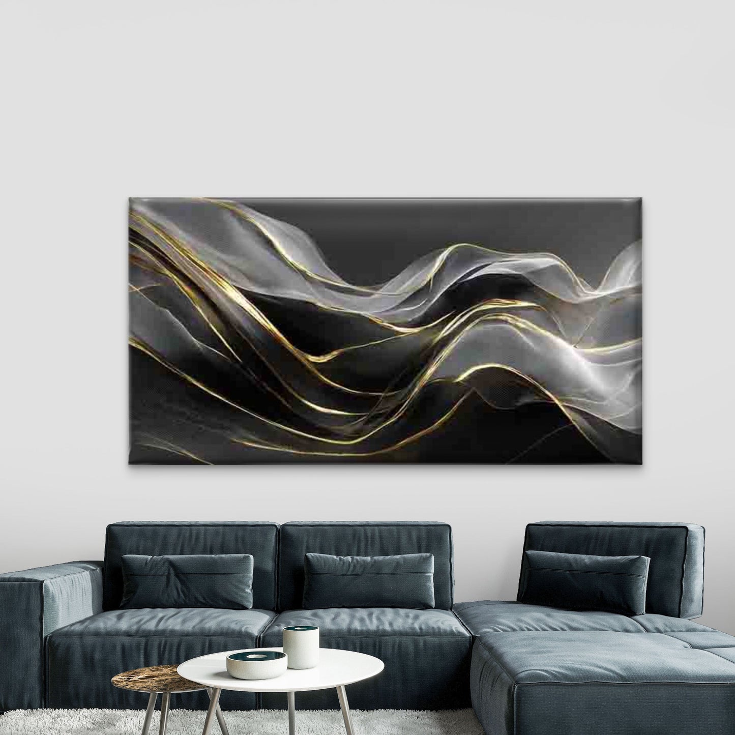 Abstract Black and Golden Waves Wall Art Canvas Office Home Room Framed 120x60cm