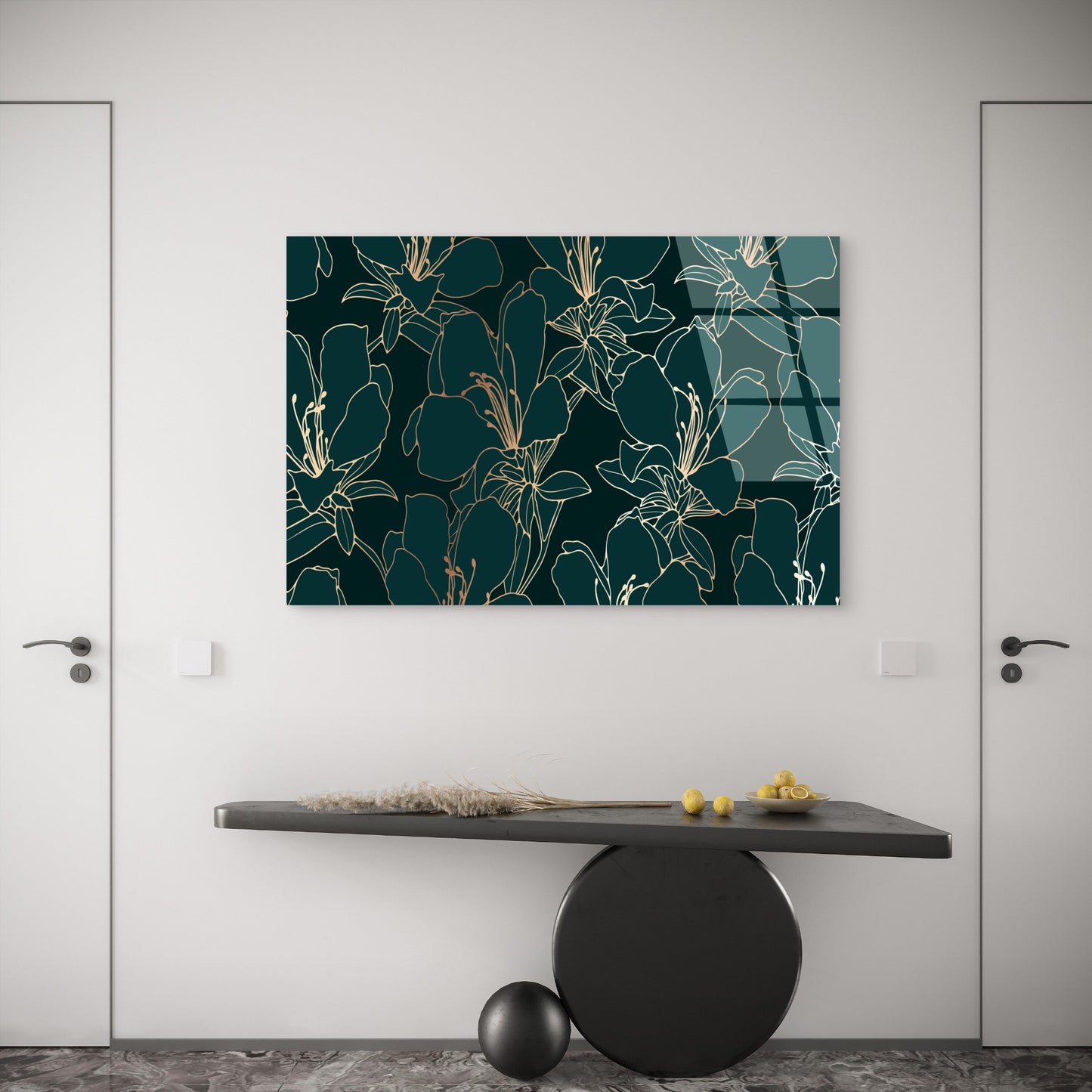Modern Dark Green Gold Floral Line Acrylic Glass Printing Wall Art Australian Made Quality