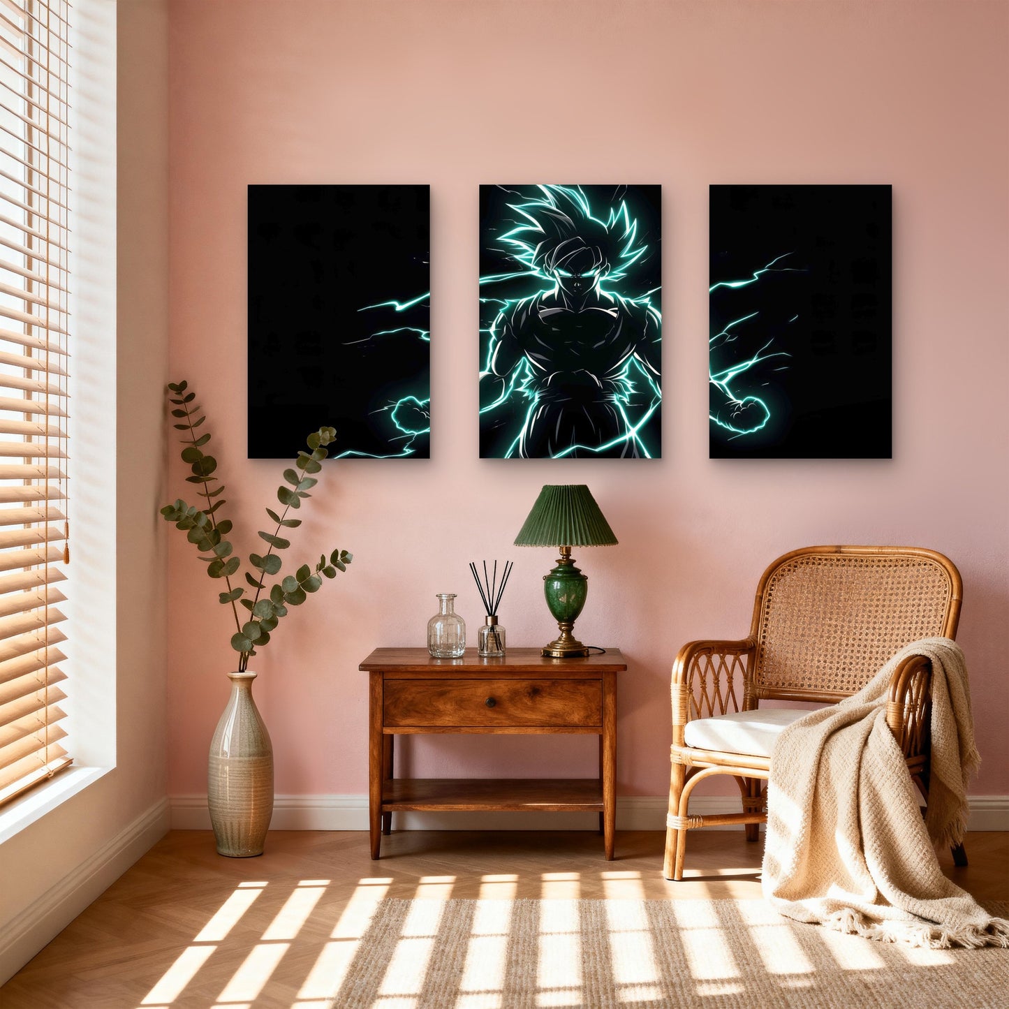 3pcs Anime Fighter Neon Cyan Lightning Silhouette Metal Print Ready to Hang Art