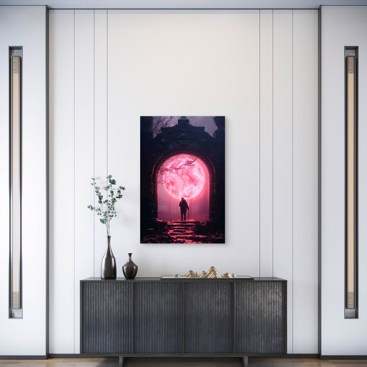 Lone Figure Standing Before An Ancient Dark Stone Arch Metal Print Ready to Hang