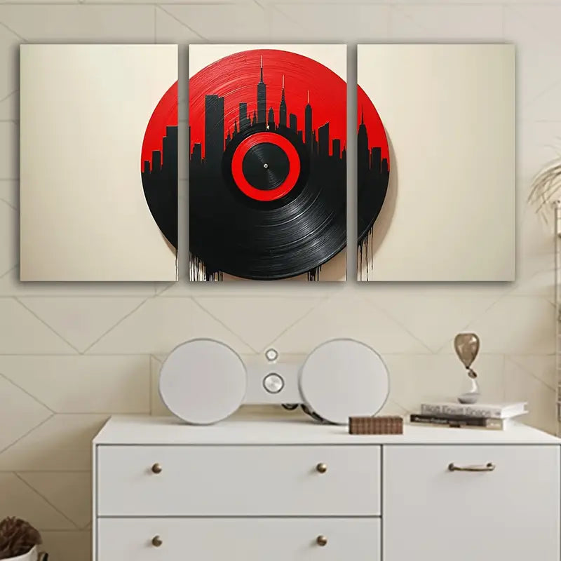 3pcs Red Black Vinyl Skyline Abstract Wall Art Set Canvas Framed 40x60cm - High Quality Print 100% Australian Made Wall Canvas Ready to Hang
