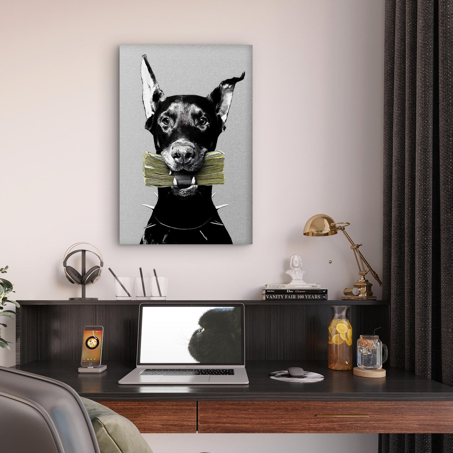 Doberman Spiked Collar Cash Money Stack 40x60cm Metal Print Ready to Hang