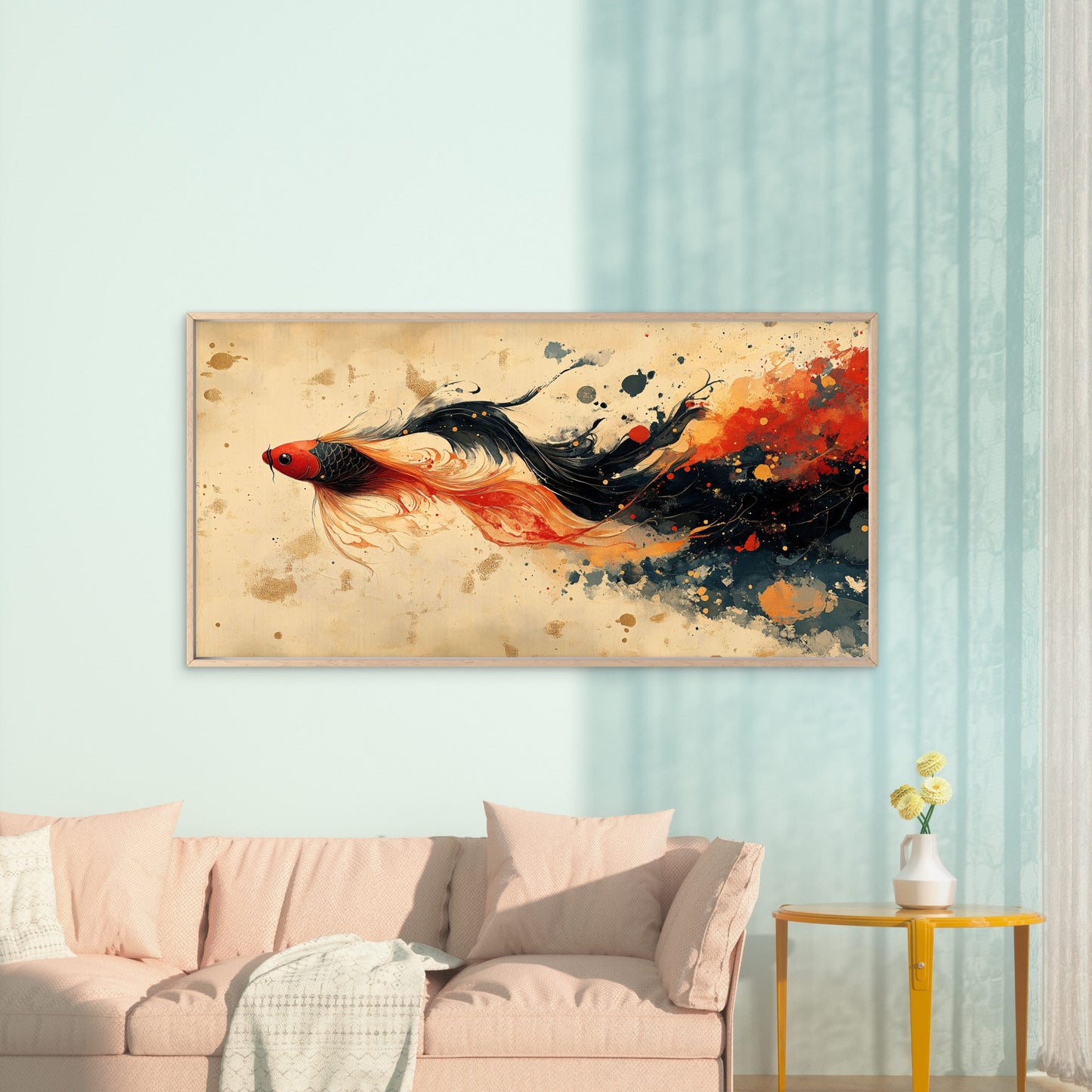Golden Fish Ink Flow Wall Art Canvas Office Home Room Framed 120x60cm