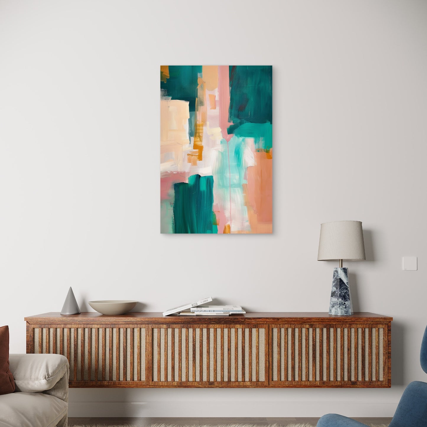Abstract Teal Pink Color Block Painting 40x60cm Metal Print Ready to Hang