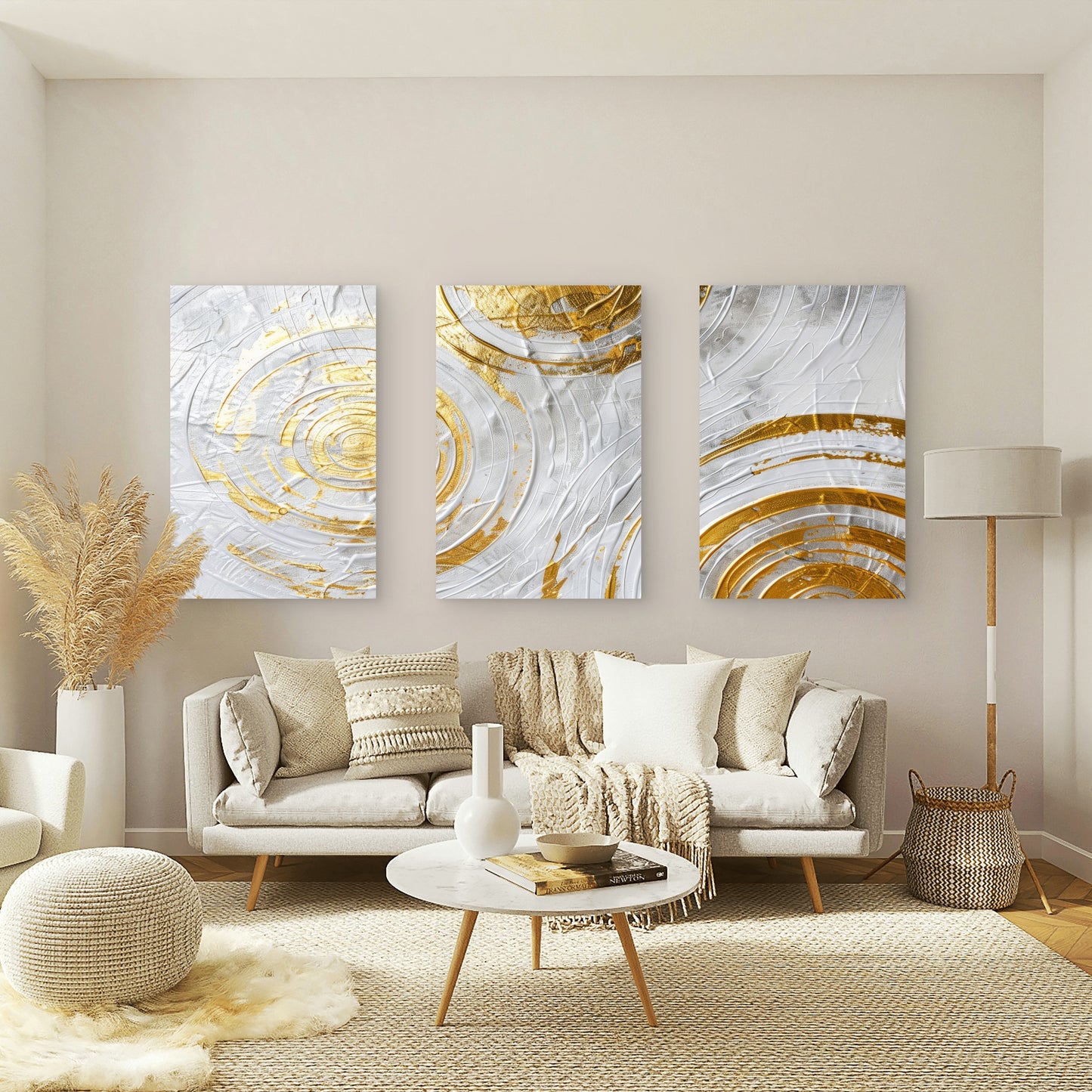 3pcs Nordic Abstract Golden Foil Ripples Wall Art Set Canvas Framed 60x90cm - High Quality Print 100% Australian Made Wall Canvas Ready to Hang