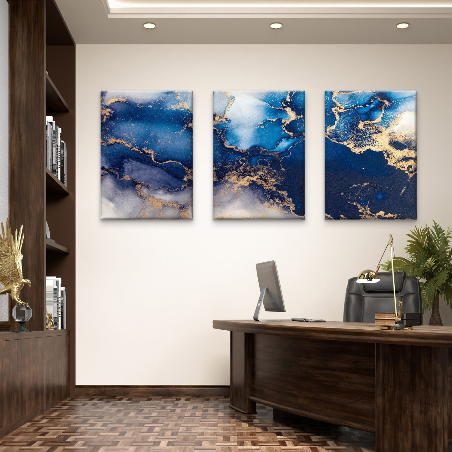 3pcs Modern Navy Indigo Blue Gold Ink Abstract Wall Art Set Canvas Framed 40x60cm - High Quality Print 100% Australian Made Wall Canvas Ready to Hang