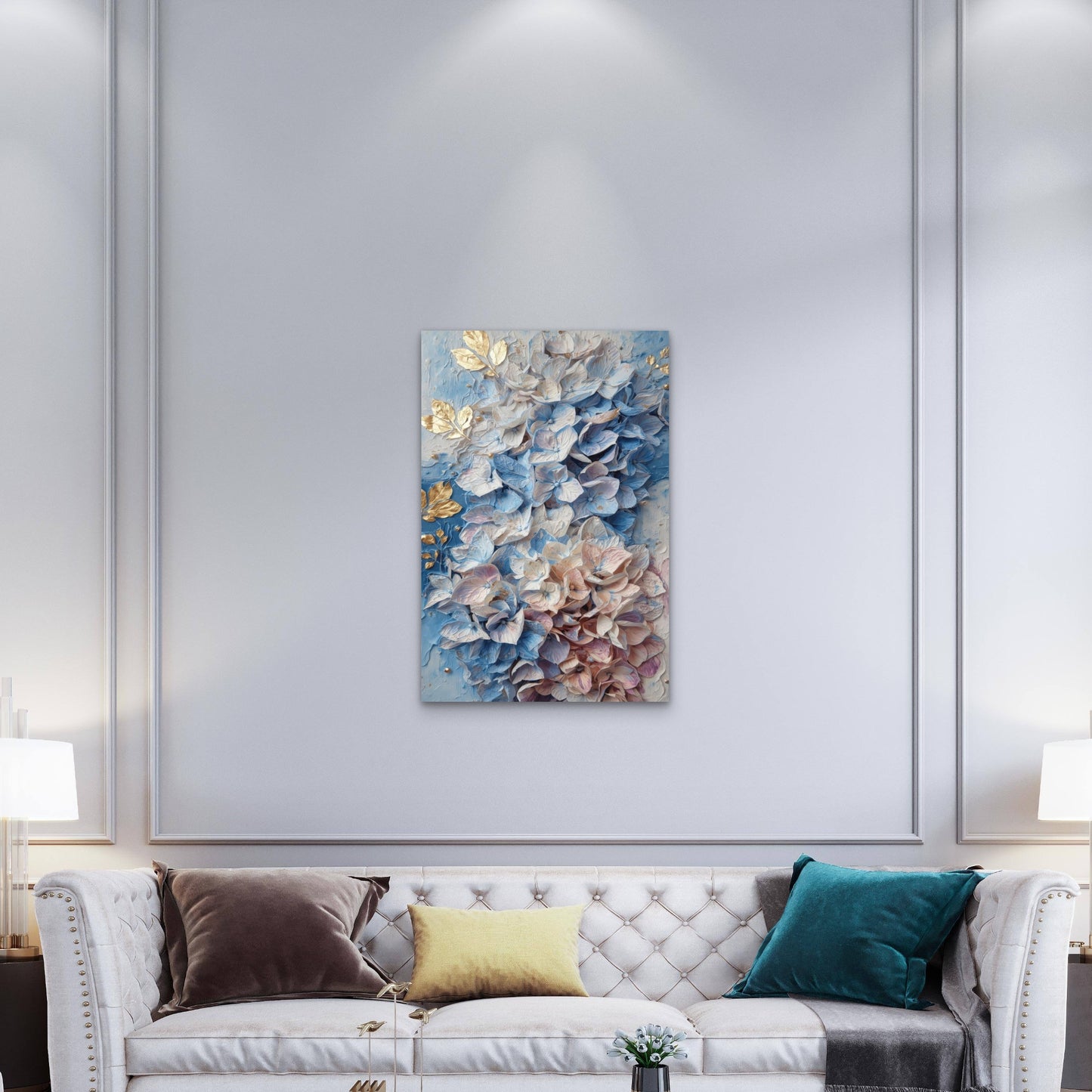 Textured Blue Hydrangea Floral Gold Foil Art 40x60cm Metal Print Ready to Hang