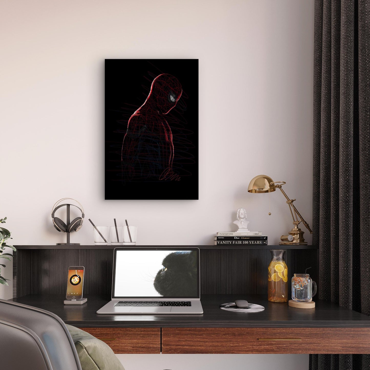 Sombre Ruby Arachnid Line Sketch 40x60cm Metal Print Ready to Hang