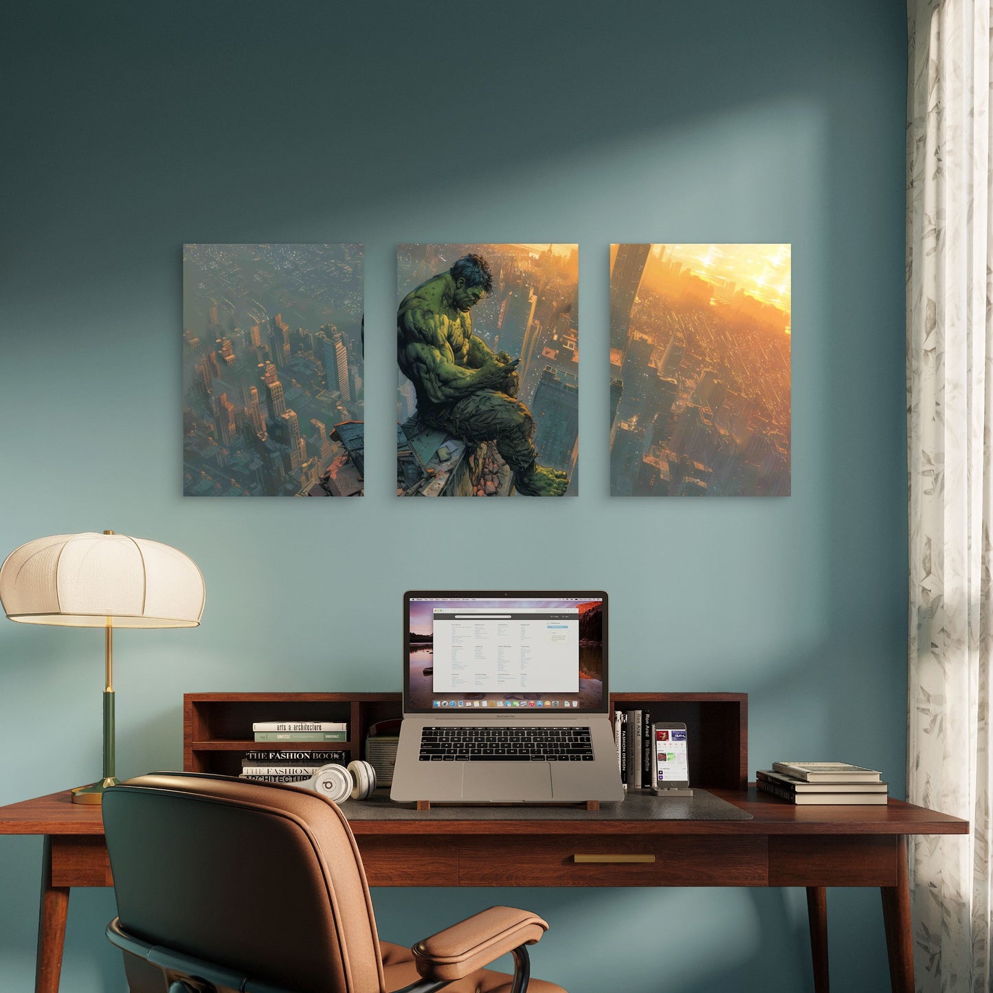 3pcs Comic Giant on Skyscraper Overlooking Sunset Metal Print Ready to Hang Art