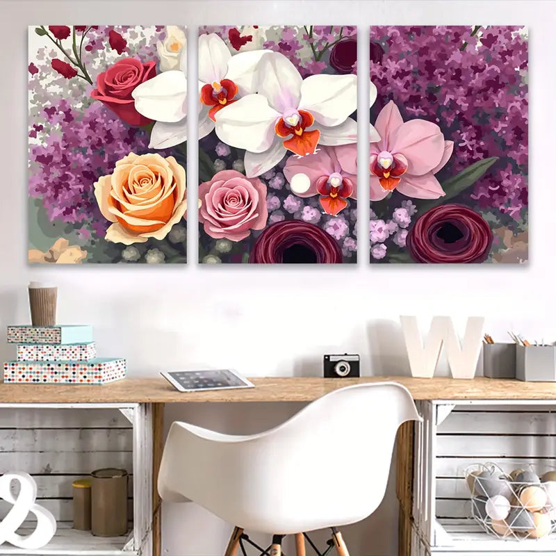 3pcs Orchid & Rose Blossom Floral Wall Art Set Canvas Framed 50x70cm - High Quality Print 100% Australian Made Wall Canvas Ready to Hang