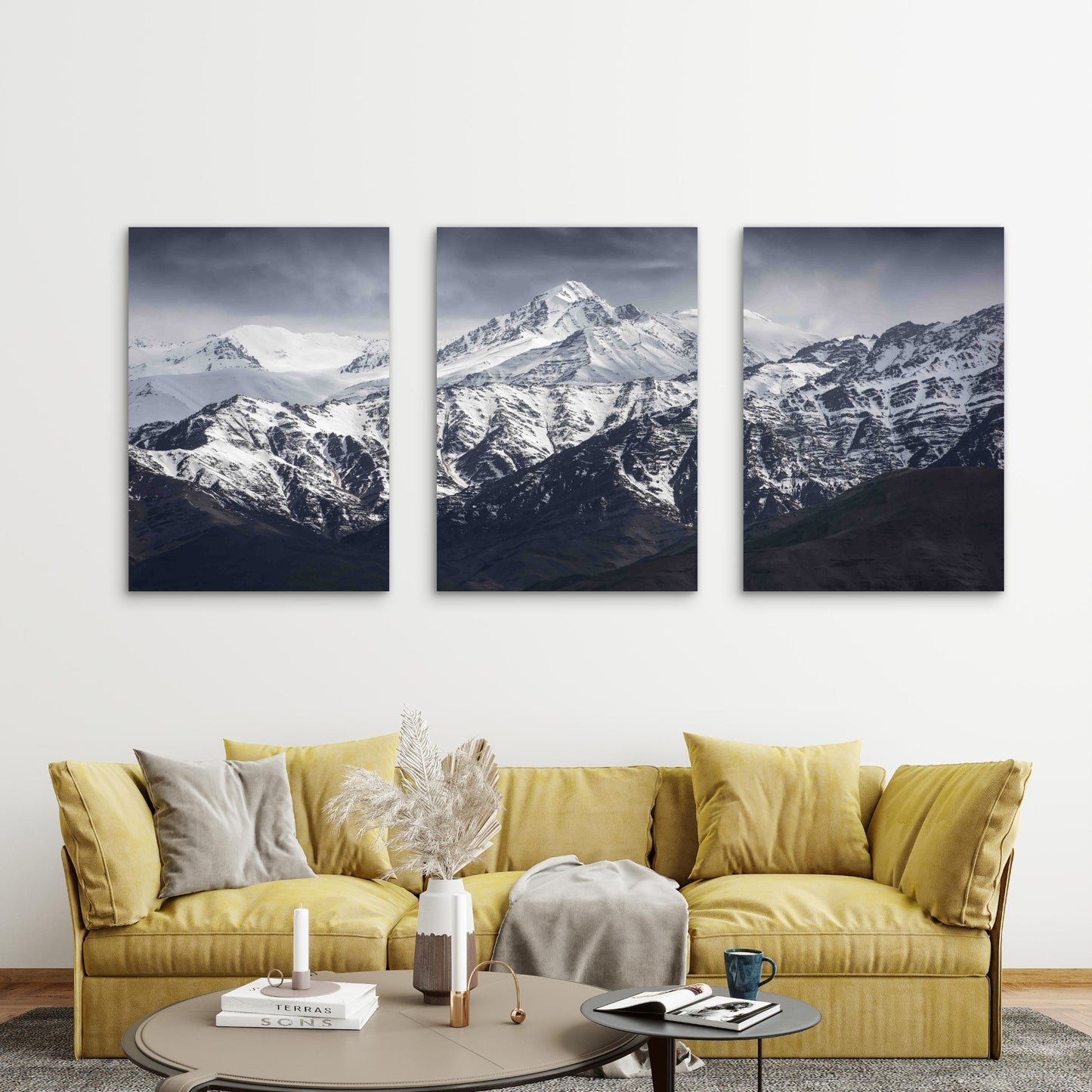 3pcs Snowy Mountain Peak Under Gray Sky Metal Print Ready to Hang Art