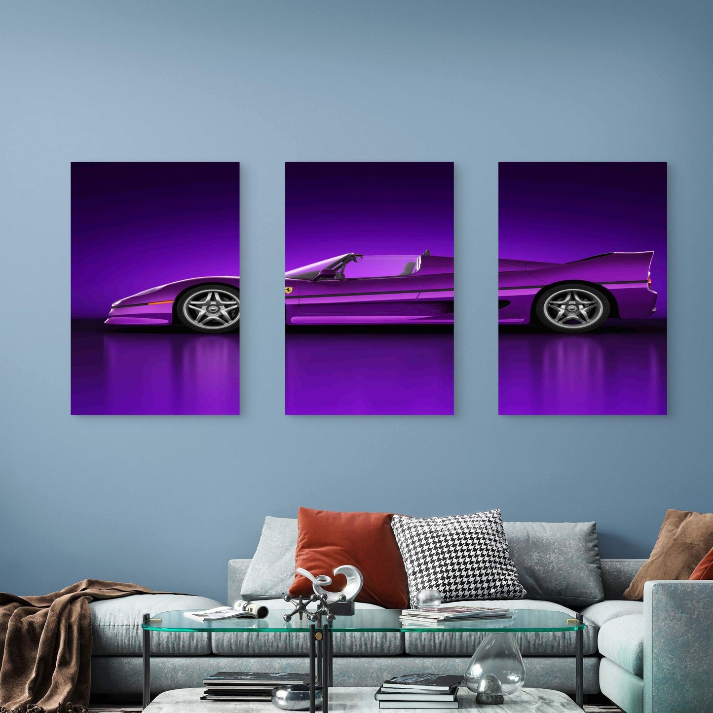 3pcs Synthwave Purple Retro Exotic Sports Car Metal Print Ready to Hang Art