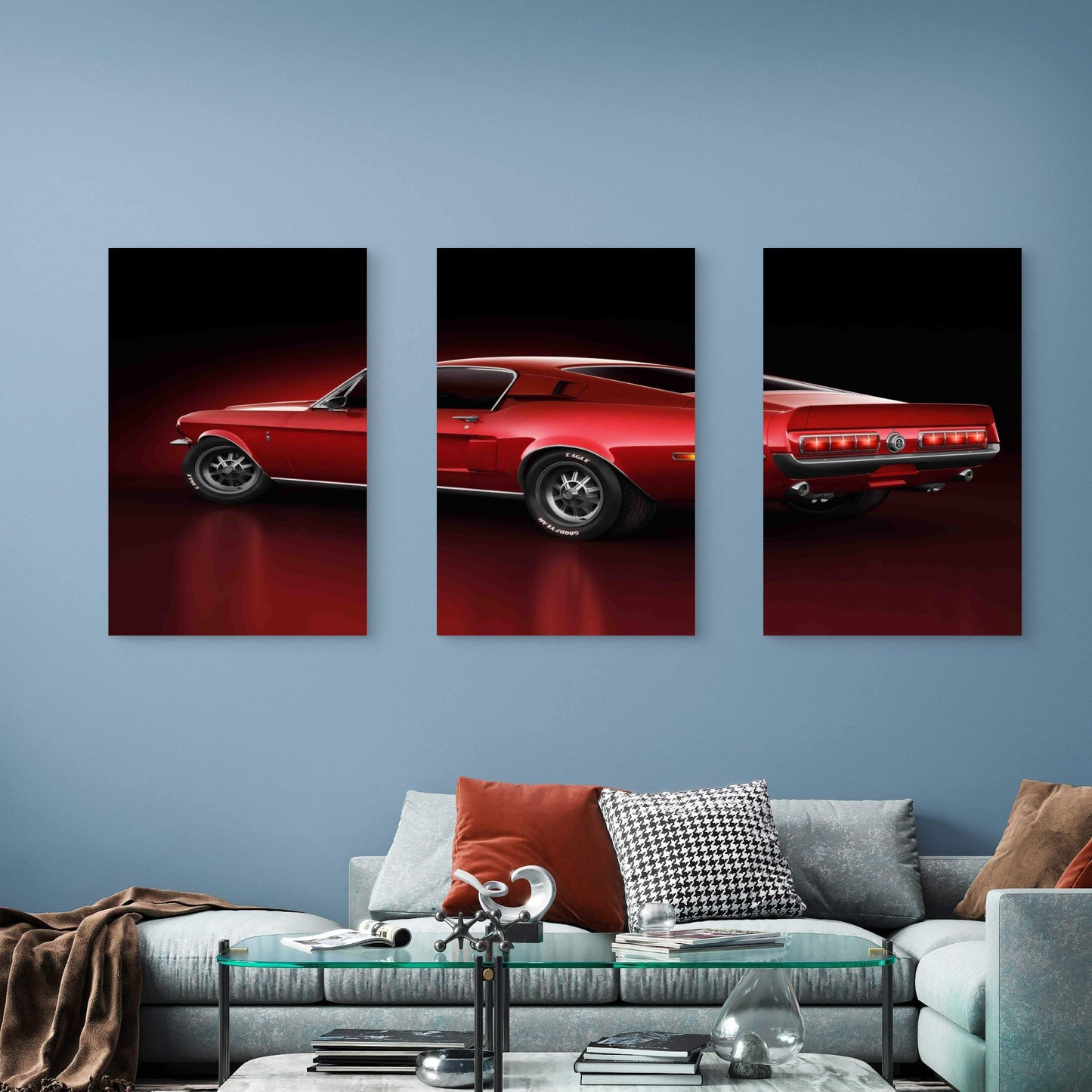 3pcs Crimson Metallic Fastback Muscle Car Metal Print Ready to Hang Art