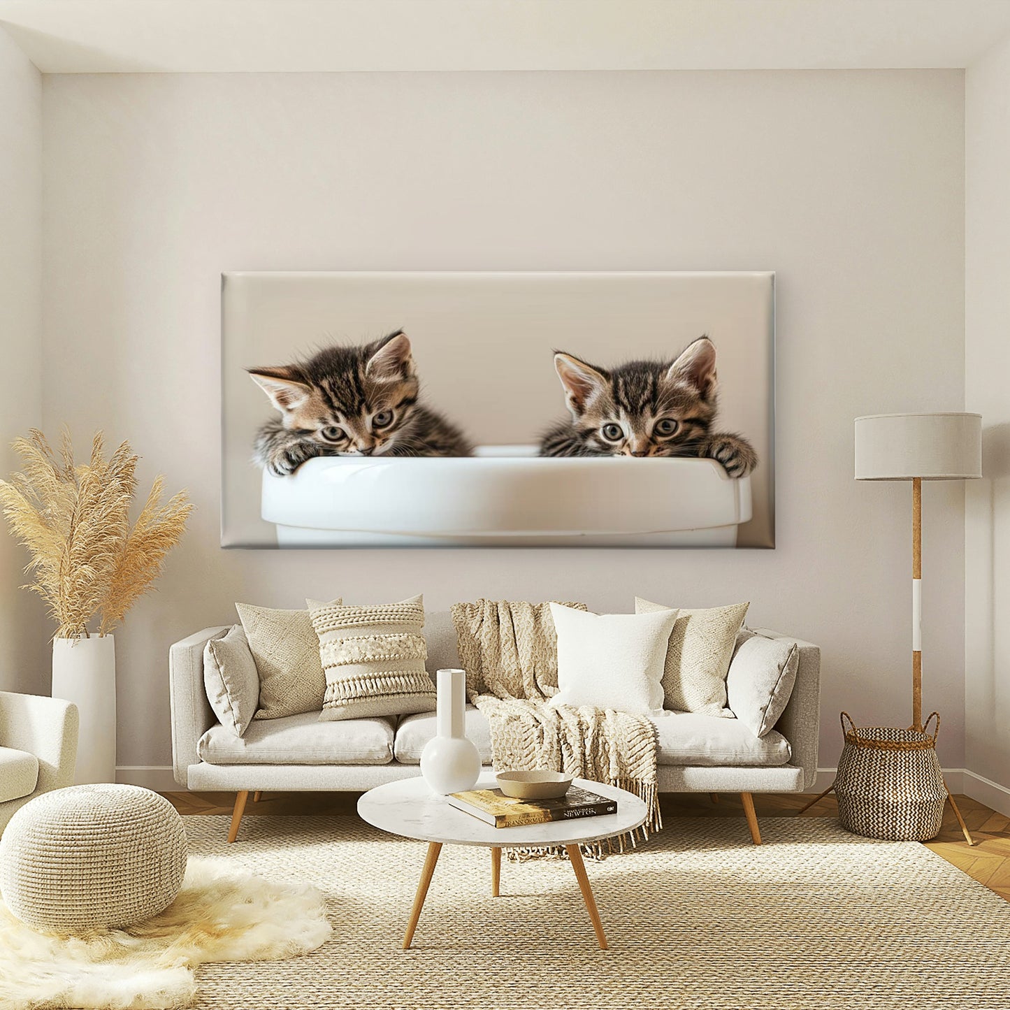 Two Kittens One Cup Wall Art Canvas Office Home Room Framed 120x60cm - Bella Home Decor