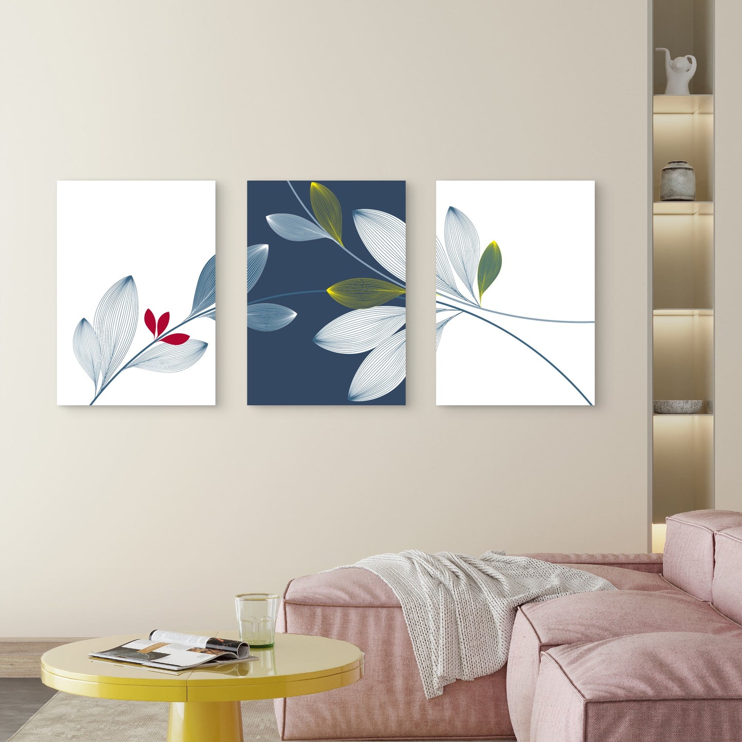 3pcs Navy Blue Gold Leaf Floral Line Art Wall Art Set Canvas Framed 50x70cm - High Quality Print 100% Australian Made Wall Canvas Ready to Hang