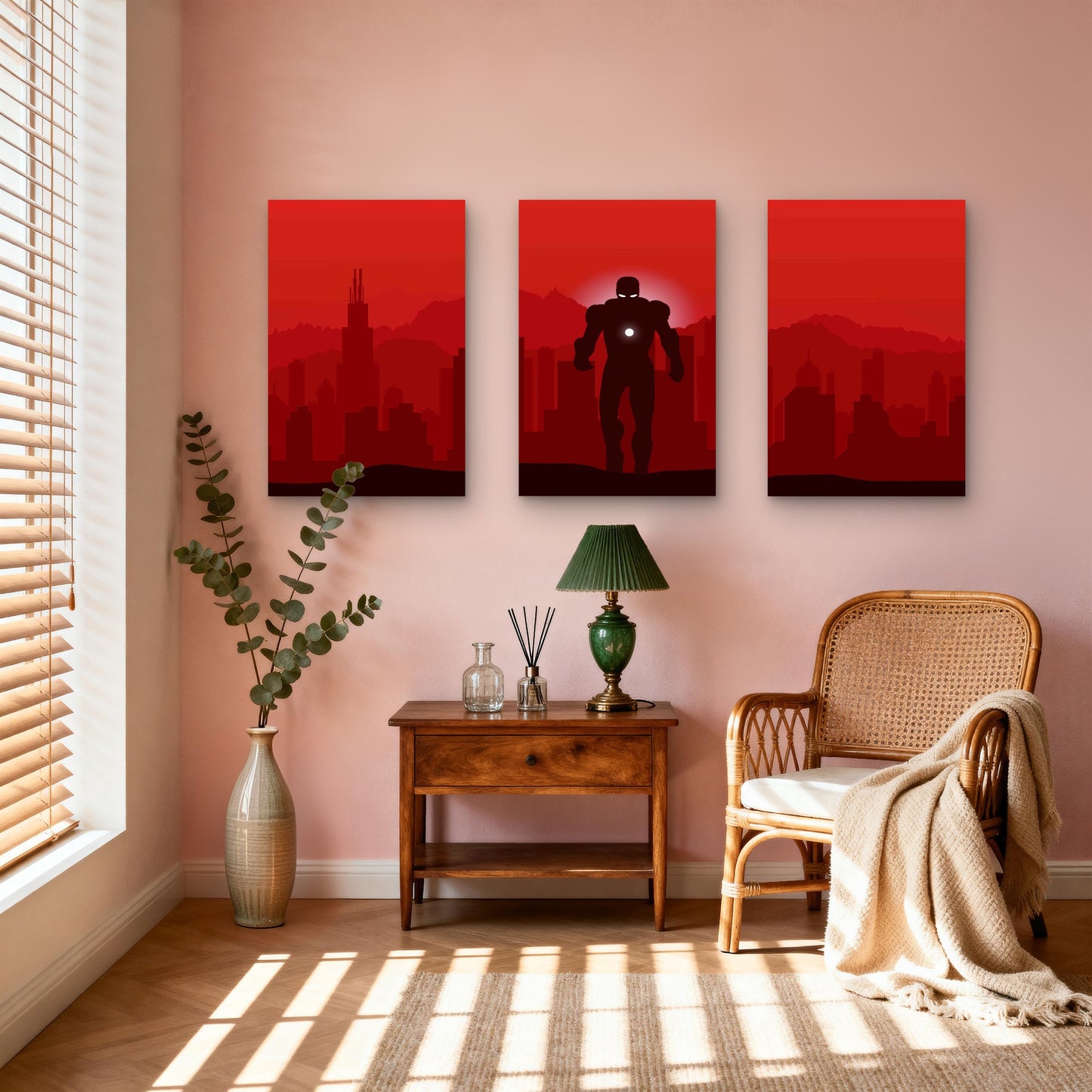 3pcs Armoured Hero City Skyline Silhouette Metal Print Ready to Hang Art