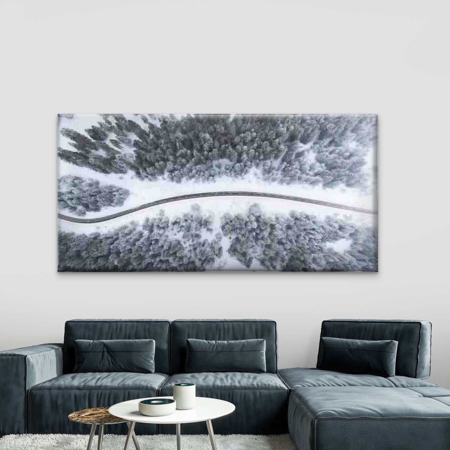 Aerial Winter Forest Road Wall Art Canvas Office Home Room Framed 120x60cm