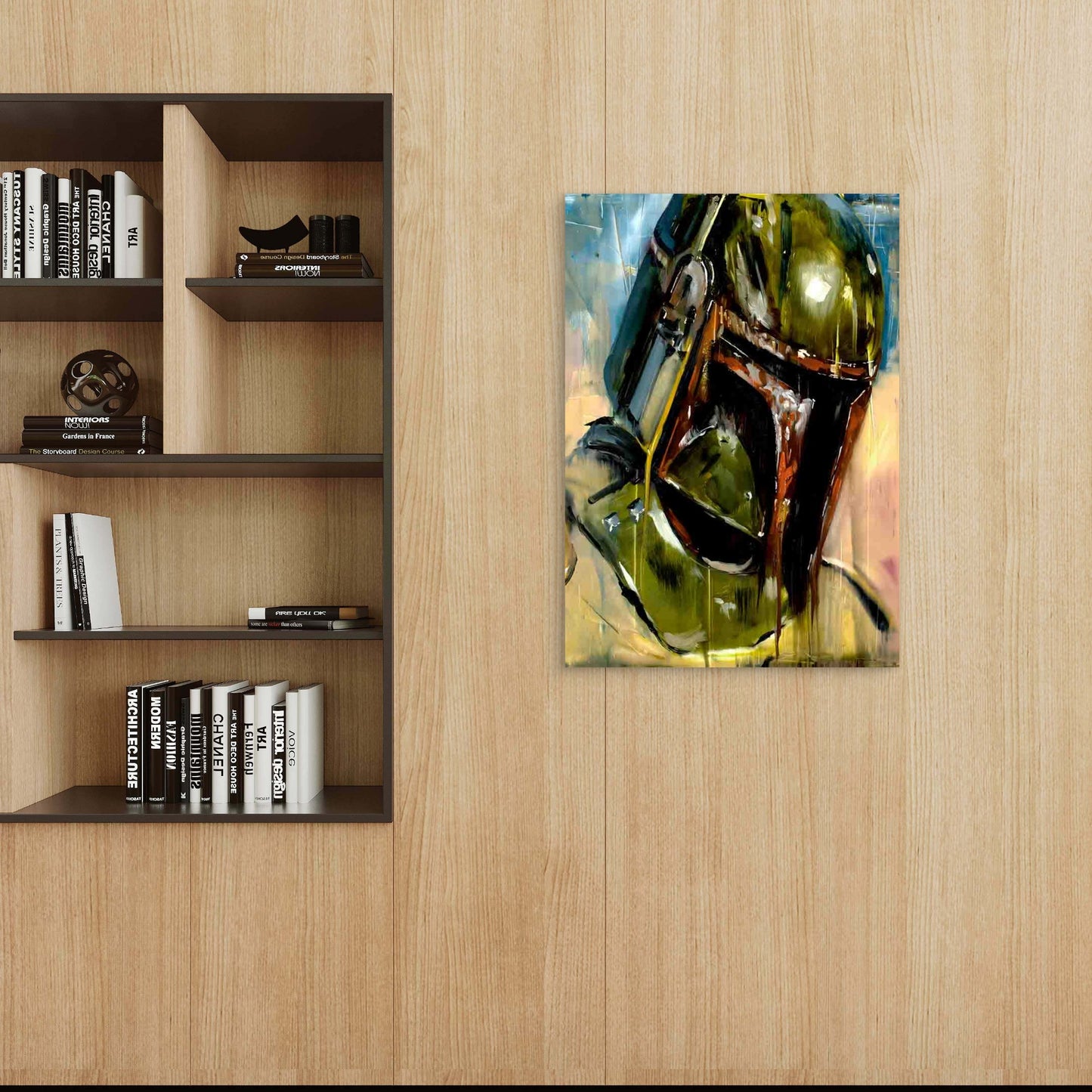 Green SciFi Helmet Painting Portrait 40x60cm Metal Print Ready to Hang