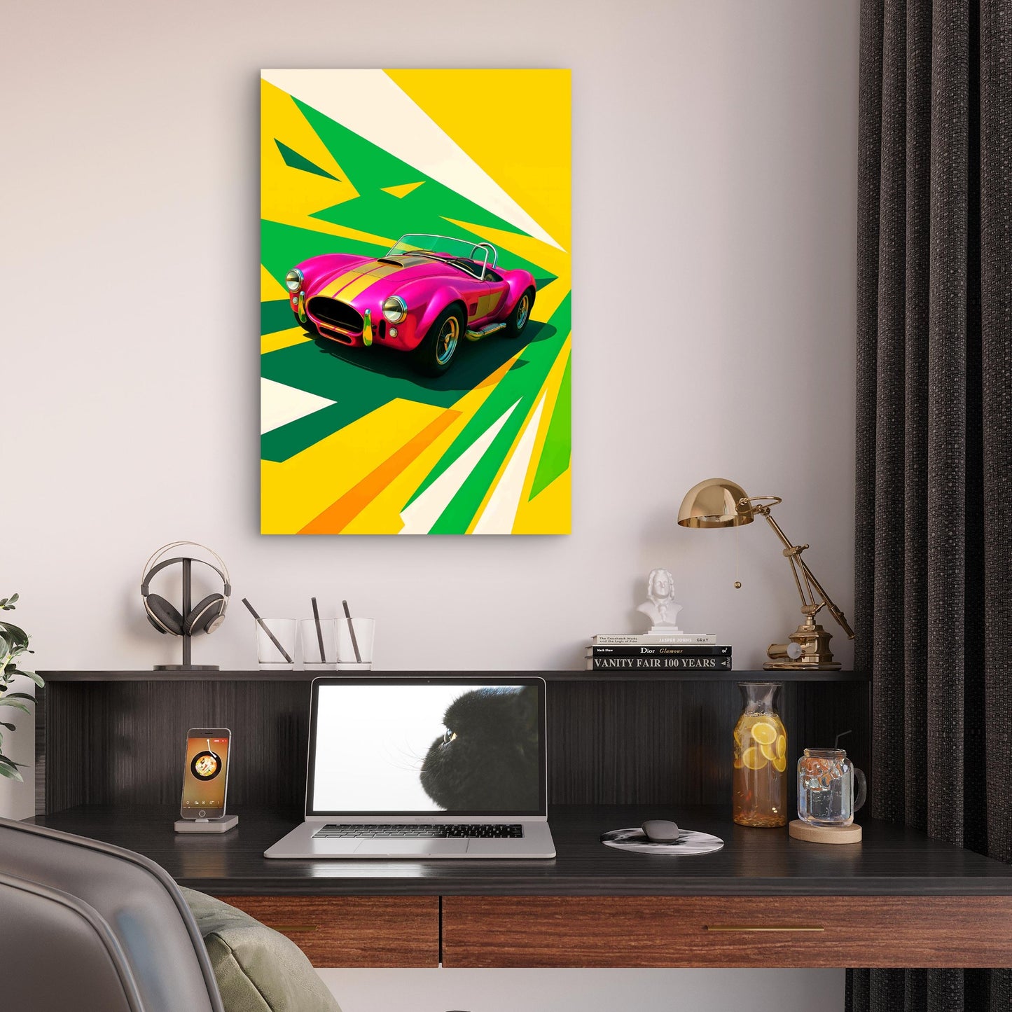 Vibrant Pink Retro Convertible Roadster 40x60cm Metal Print Ready to Hang