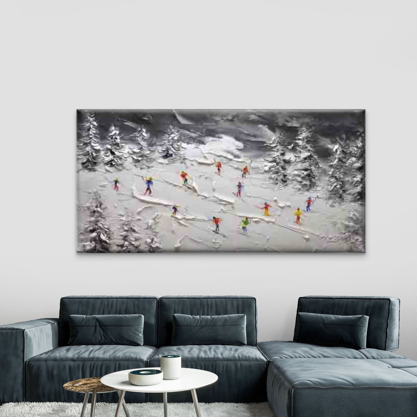 Skiers in Snowy Mountain Forest Wall Art Canvas Office Home Room Framed 120x60cm