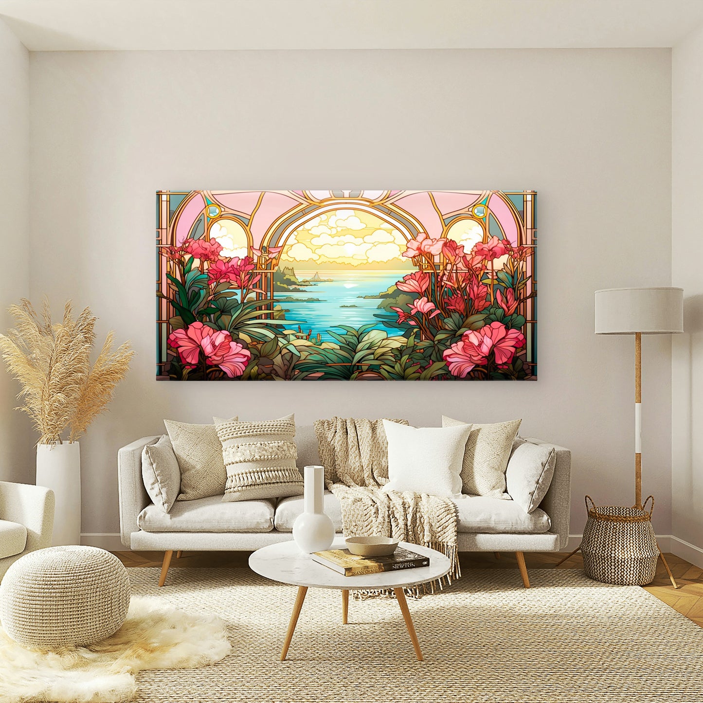Stained Ocean Sunset Pink Wall Art Canvas Office Home Room Framed 120x60cm